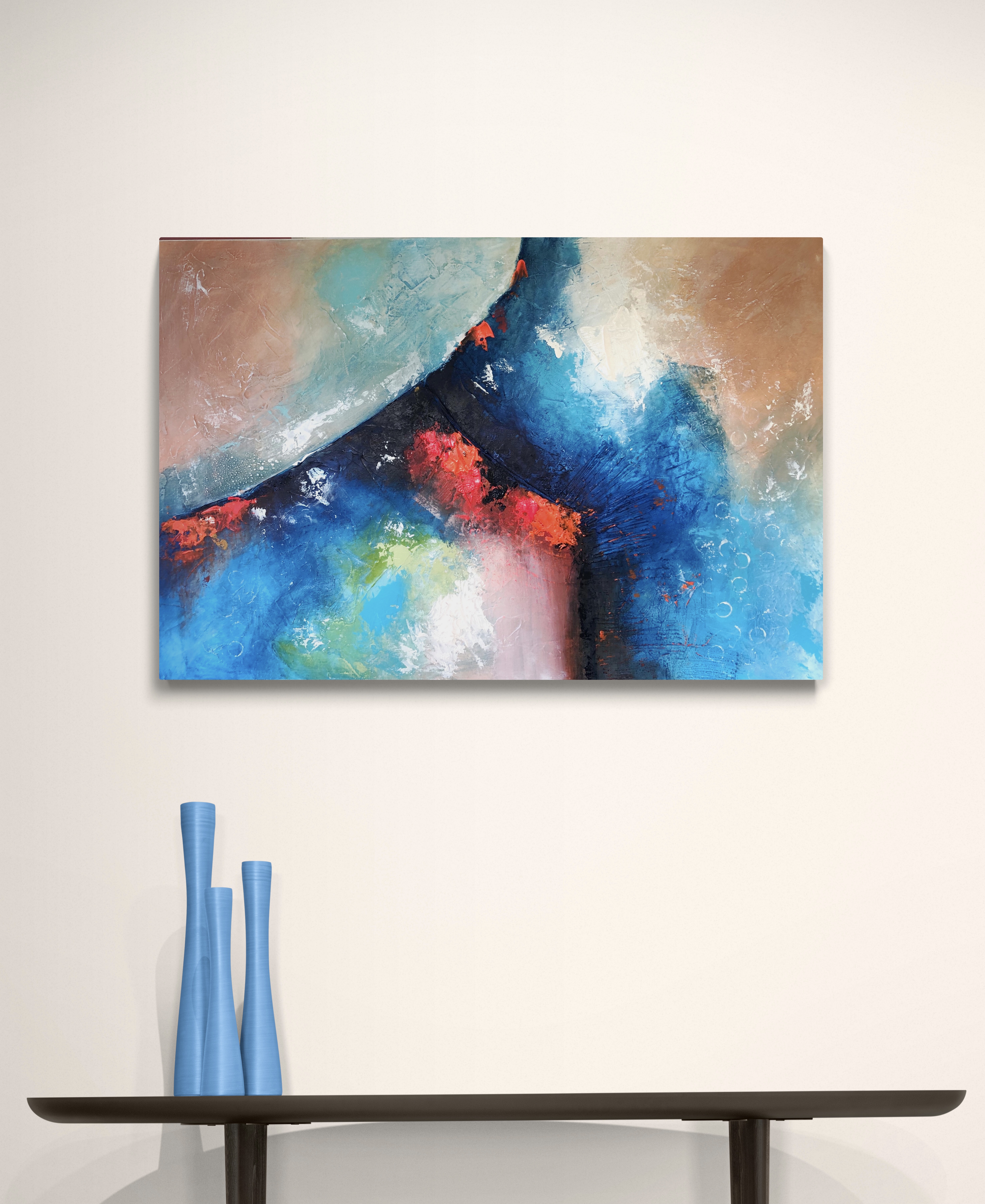 Blue and crimson abstract painting by Roland Calix
