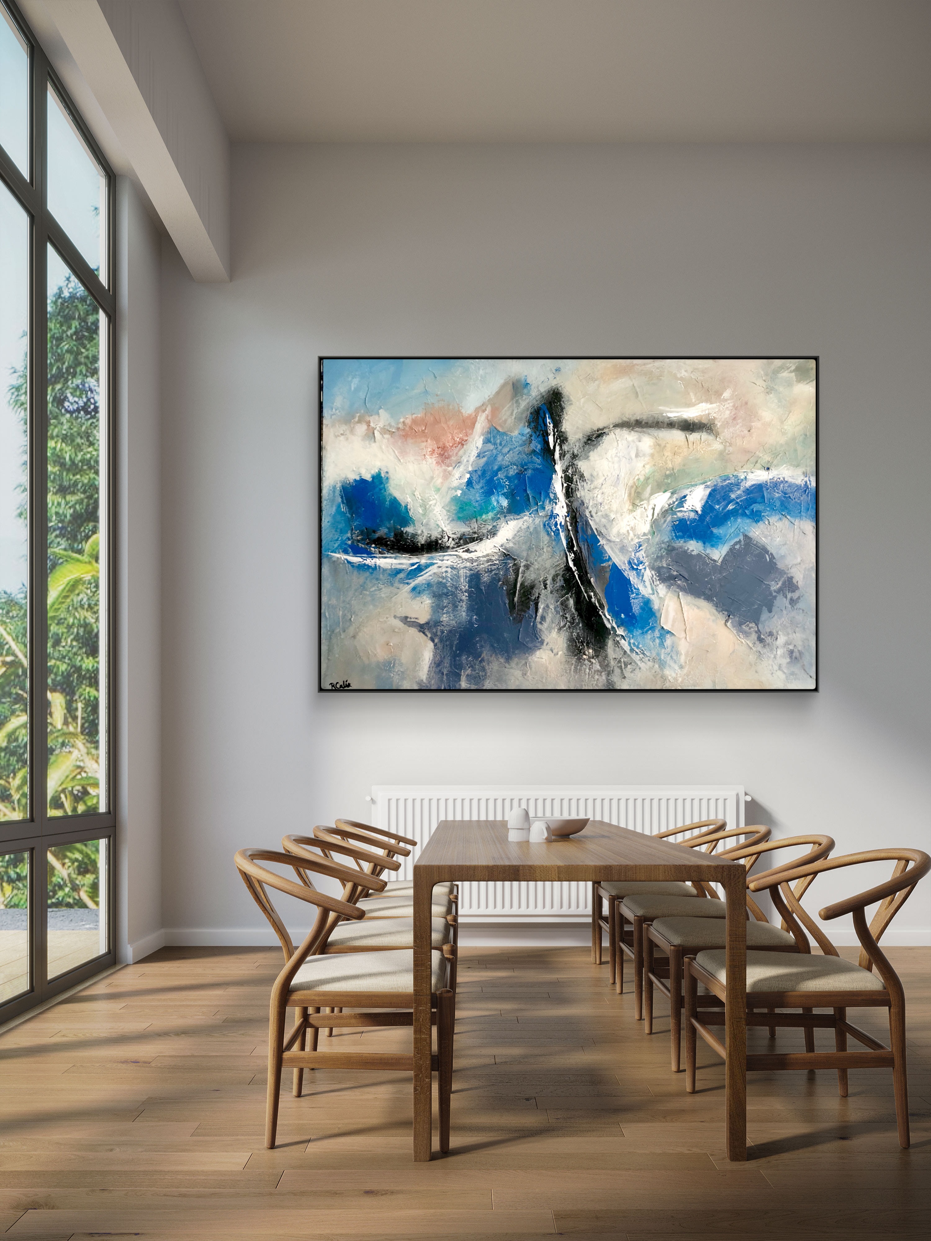 Blue and white abstract painting by Roland Calix