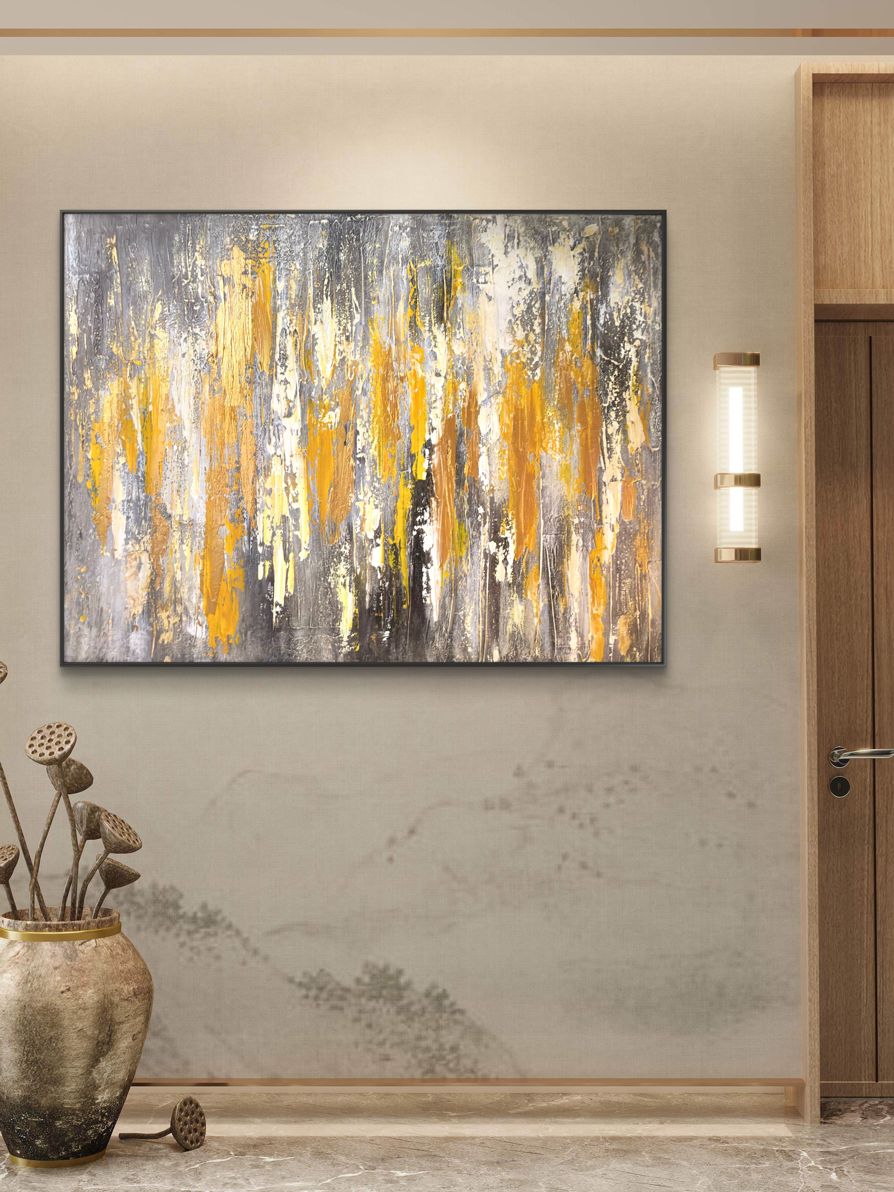 Gold and gray abstract painting by Roland Calix