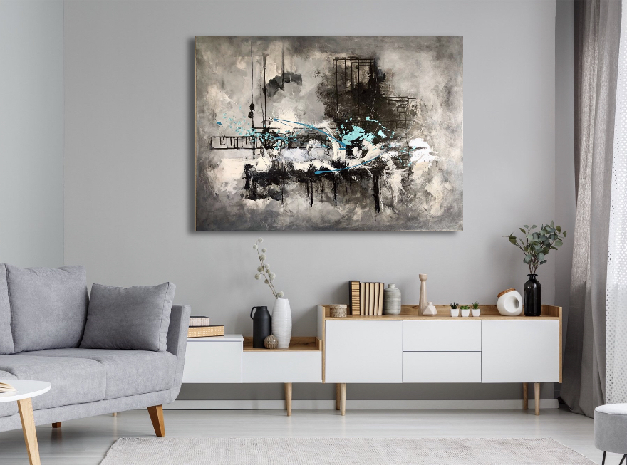 Graphite and turquoise abstract painting by Roland Calix