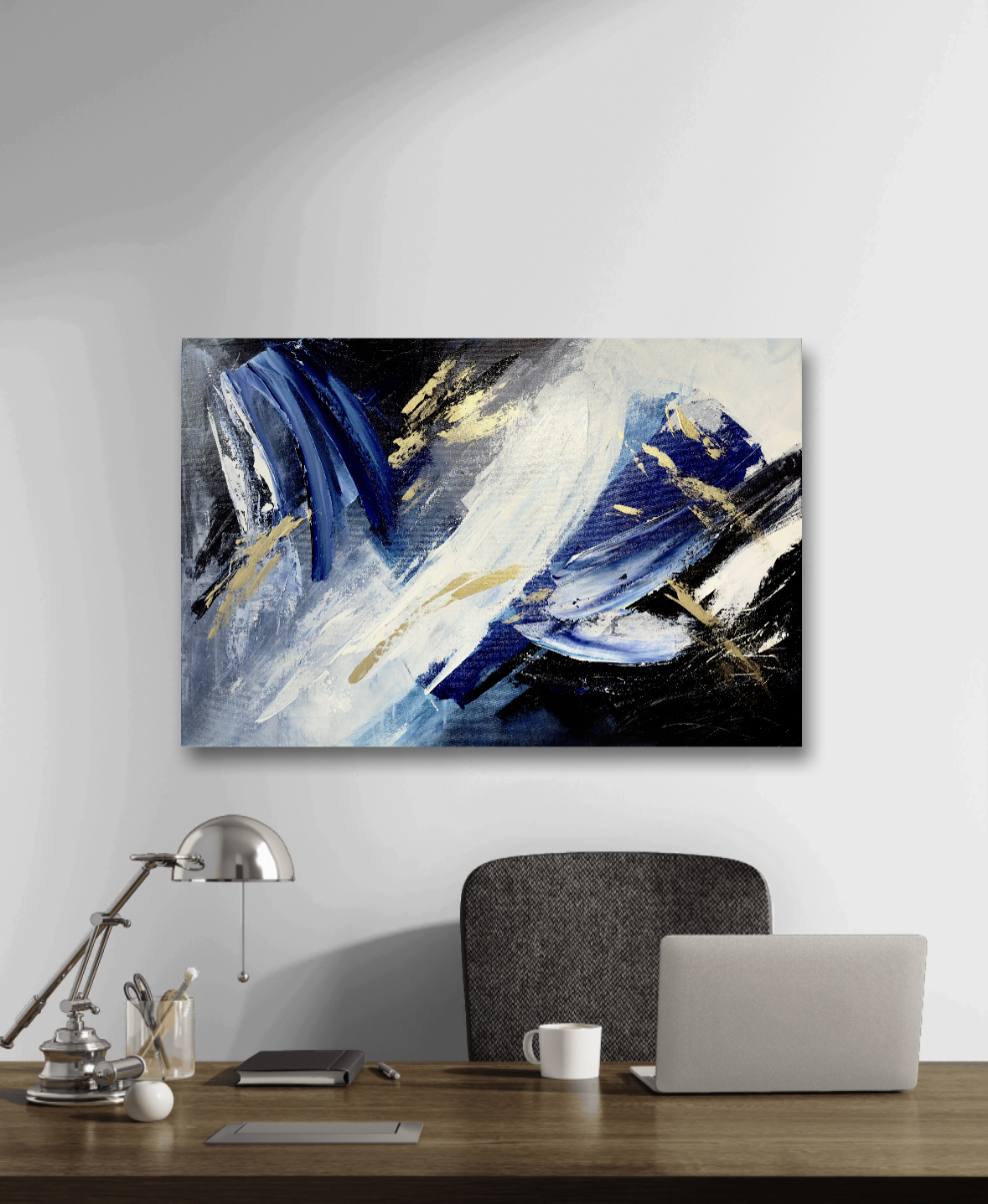 Navy blue and gold abstract painting by Roland Calix