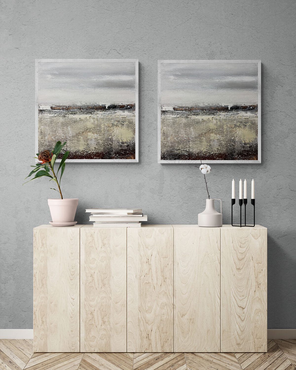 Neutral diptych abstract painting by Roland Calix