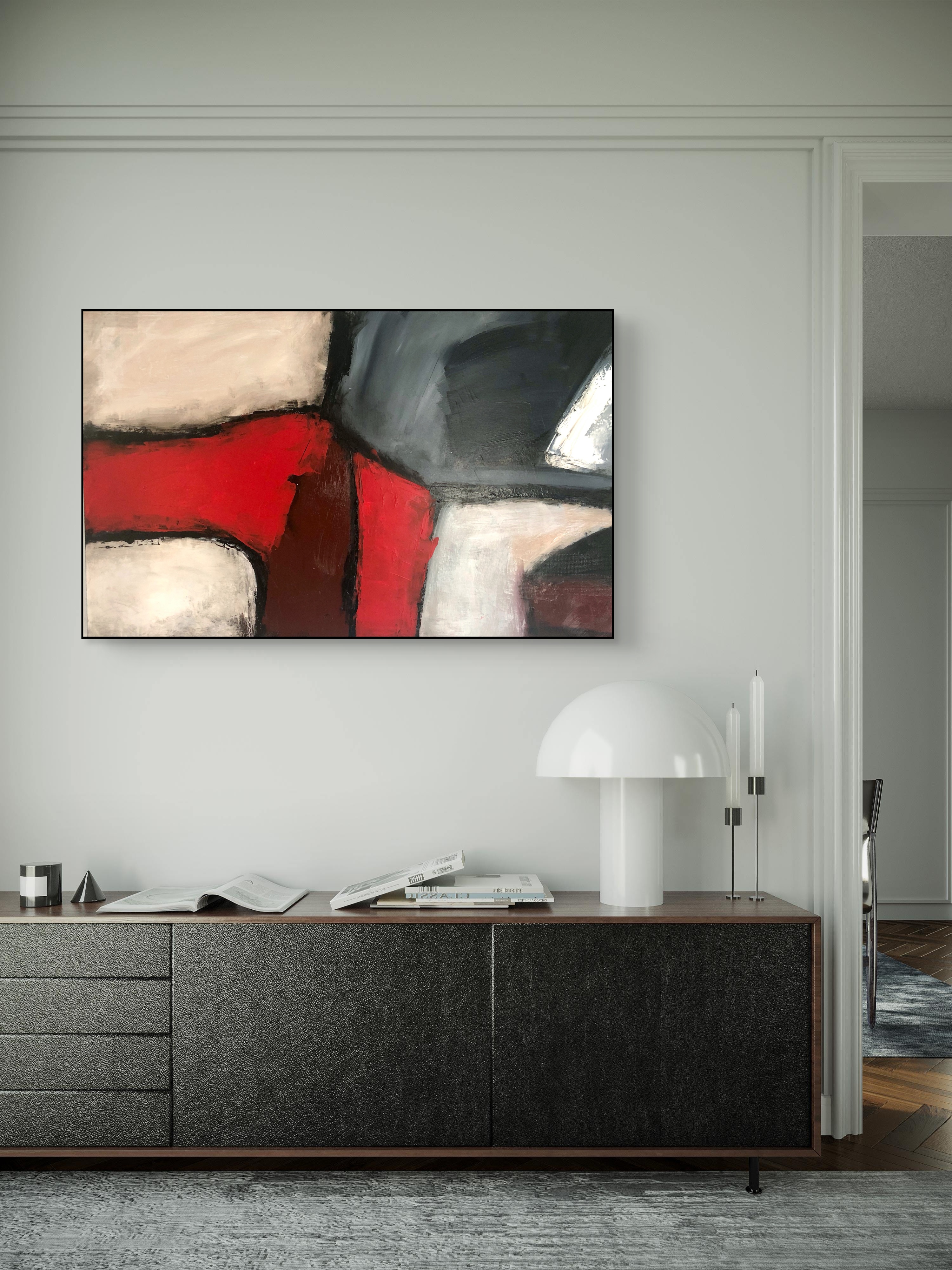 Red charcoal abstract painting by Roland Calix
