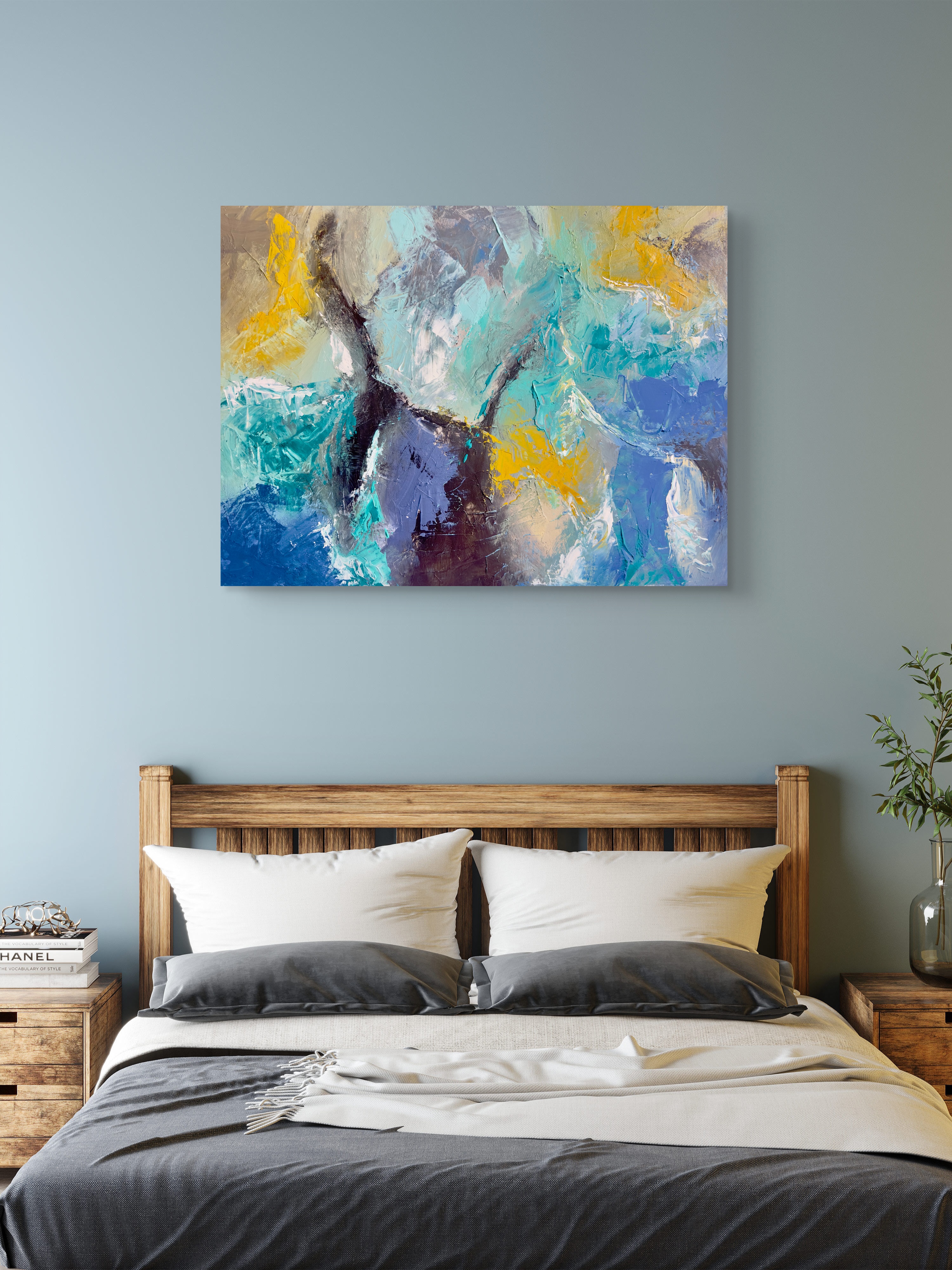 Turquoise blue and yellow abstract painting by Roland Calix